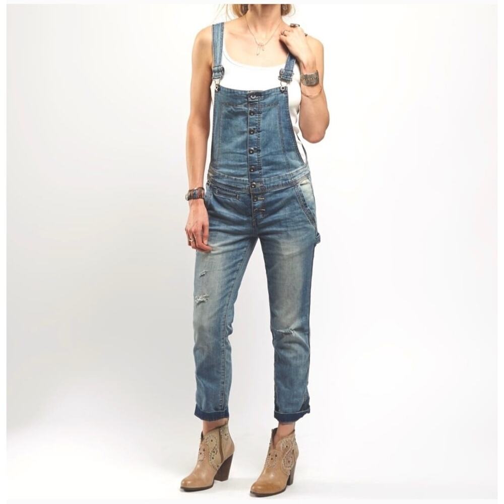 Free People Distressed Indigo Denim Overalls
